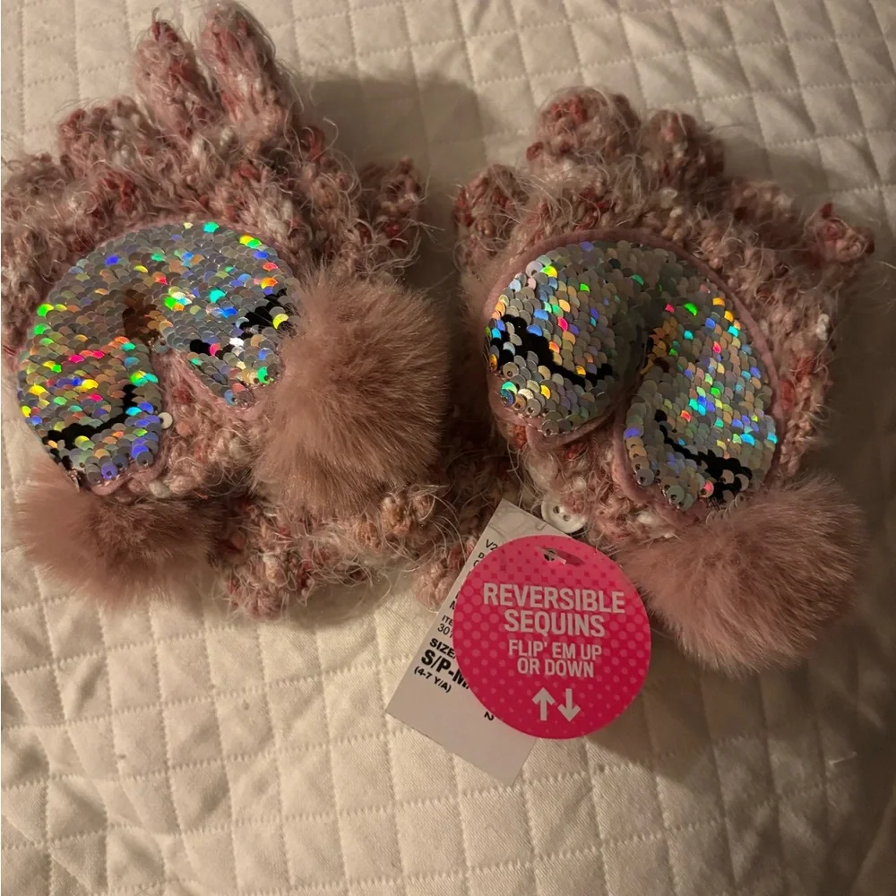 The Children's Place Pink Fuzzy Mittens with Sequin Hearts that reverse to sleep